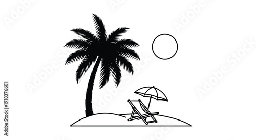 Simple black and white illustration of a tropical beach scene with a palm tree