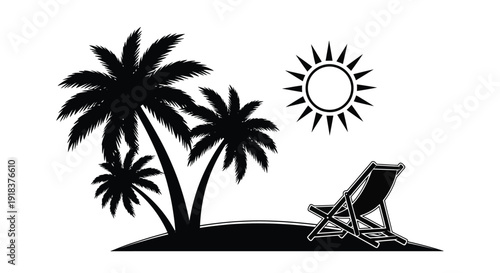 Tropical scene featuring palm trees a sun and a beach chair