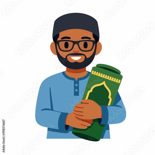 A funny cartoon worker character mascot wearing a hat and uniform acts as both a scientist doctor and farmer boy holding a plant with a smile