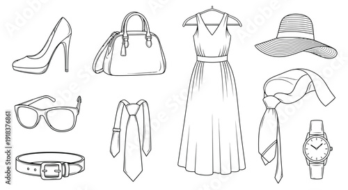 Fashion accessories and clothing items in a simple line drawing style