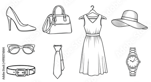 Fashion accessories and clothing items in a sketched black and white style