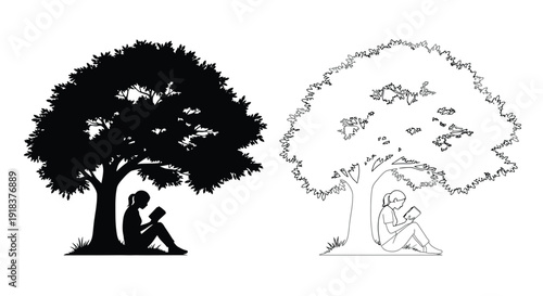 A solitary figure reads beneath a tree in contrasting black and white styles