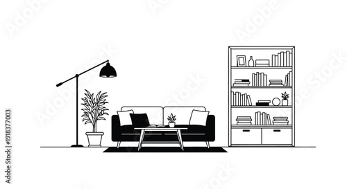 Minimalist living room interior with sofa lamp bookshelf and plants