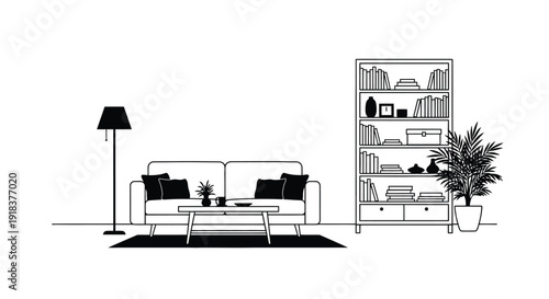 Minimalist living room interior with sofa bookshelf and floor lamp