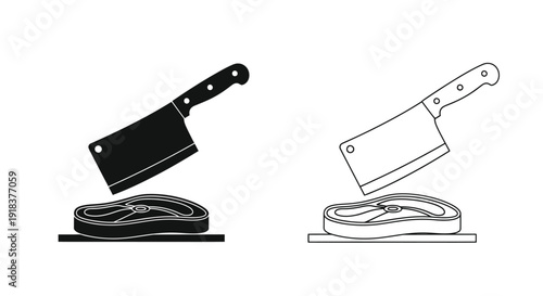 Black and white illustration of cleavers meat cuts and cutting boards