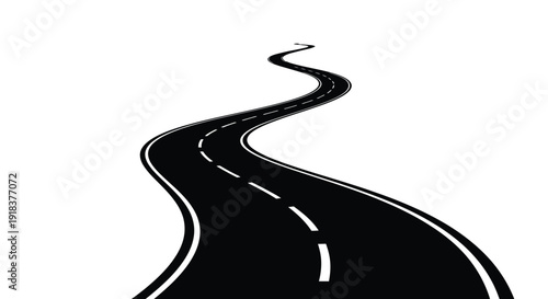 A winding black road stretches upwards on a stark white background