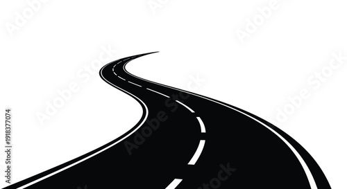 A winding black road curves upwards against a stark white background
