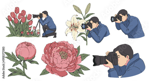 Photographer Taking Photos of Giant Flowers and Plants Illustration