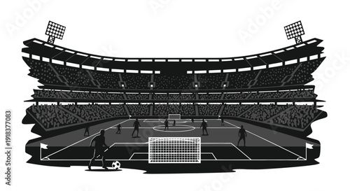 A black and white illustration of a stadium with a soccer game in progress