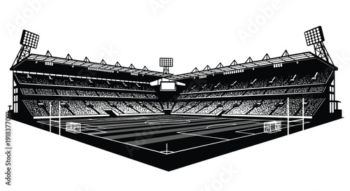A detailed black and white illustration of a large sports stadium