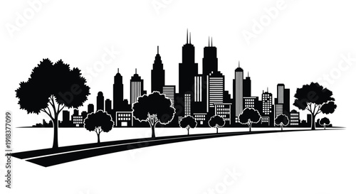 Black and white skyline illustration featuring buildings trees and a road