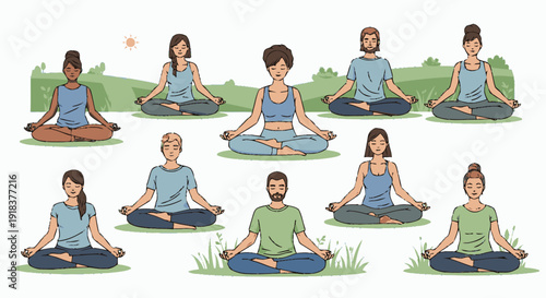 Illustration of Various Characters Meditating and Doing Yoga Outdoors