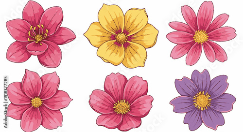 Six vibrant hand-drawn floral illustrations featuring various colorful petals and central stamens, isolated on a white background.