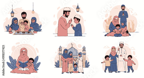 Illustrations of Muslim families observing Islamic traditions, including prayer, reading the Quran, and spending time together at home and mosque.