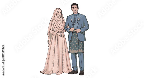 Illustration of a Muslim Malay couple in traditional wedding attire, standing together.