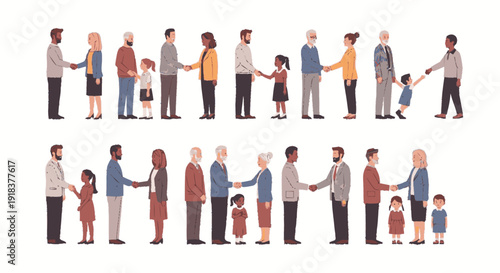 Diverse groups of people, including adults and children, shaking hands in a gesture of agreement, connection, and community, illustrating social interaction and unity.