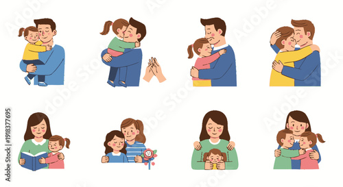 Illustrations depicting loving parents embracing and caring for their young children, showcasing family bonds and affection in various tender moments.