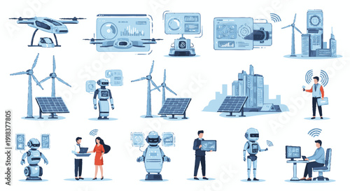 A comprehensive illustration of modern technology, artificial intelligence, renewable energy, and smart city concepts.