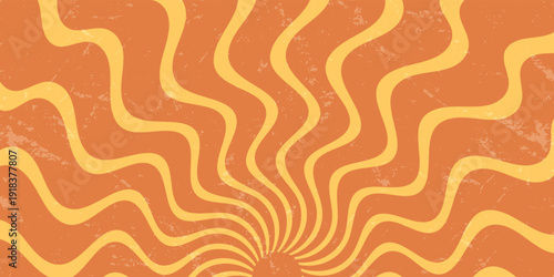 Groovy retro sun burst pattern with wavy orange and yellow background. Sunshine burst grunge effect. Y2k vintage abstract sun adds energy. Horizontal composition for trendy decorative accent.