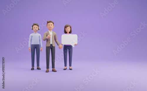 3D Cartoon Office Team with Customer Support Agent and Blank Speech Bubble on Purple Background