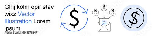 Digital economy, email marketing, financial transactions, networking, online communication, money transfer. Circular dollar symbol, envelope with contacts. Digital economy and email marketing