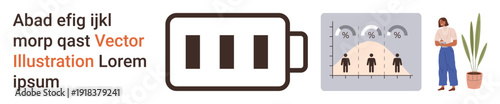 Technology impact, human data analysis, sustainable energy, demographics study, personal growth, eco-awareness. Battery icon, chart with figures woman and plant. Technology impact and human data