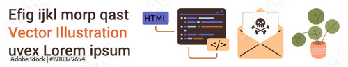 Cybersecurity, online safety, malware detection, email scams, coding, phishing awareness. Features warning email with skull icon, code snippets and speech bubbles. Cybersecurity and online safety