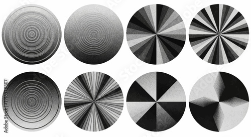 Collection of black and white circular abstract designs.