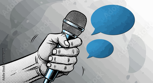 Hand holding microphone with speech bubbles.