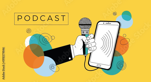 Hand holding microphone near mobile phone with sound waves.