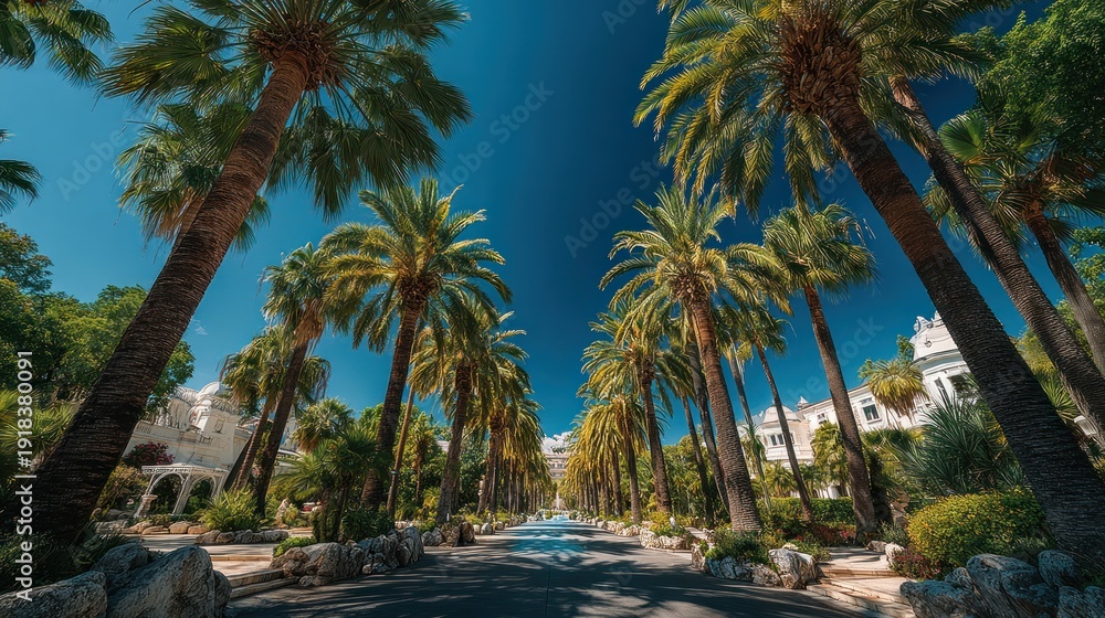 Obraz premium Long perspective of palm-lined road on a sunny day