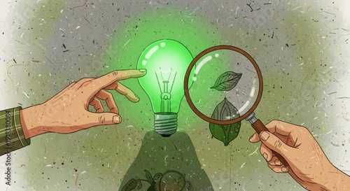Innovative eco-friendly idea with green light bulb and magnifying glass.