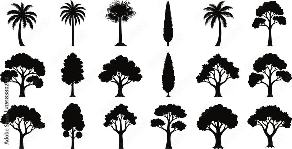Fototapeta premium Collection of diverse tree silhouettes