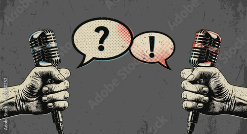 Two hands holding microphones with speech bubbles containing a question mark and exclamation mark.