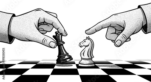Two hands playing chess with black pawn and white knight pieces.