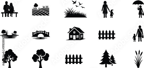 Collection of black silhouette icons depicting nature and rural life
