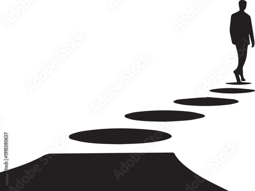 "Silhouette of a person walking on stepping stones, symbolizing progress, growth, and success, with a clear path ahead in a minimalist design."