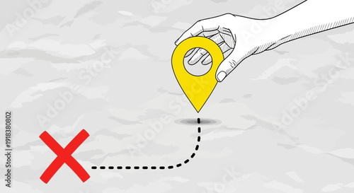 Human hand placing a yellow map pin, illustrating a dotted path leading to a red cross, symbolizing navigation, problem location, or error on a crumpled paper background.