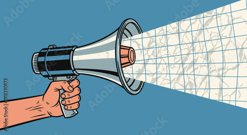 Human hand holding a grey megaphone emitting bright, structured sound waves, symbolizing clear public announcement and impactful communication.