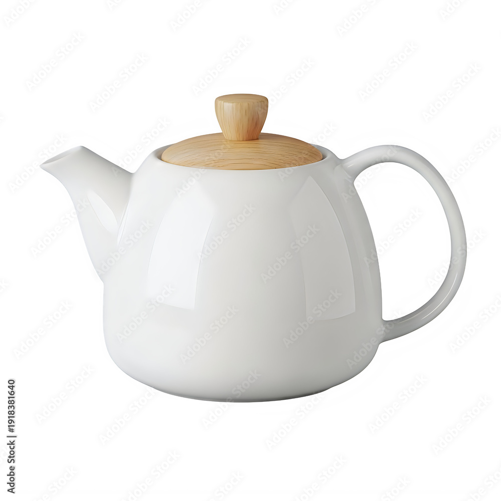 Obraz premium A white teapot with a wooden lid and handle isolated on transparent background