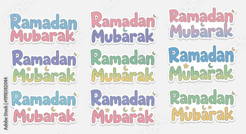 Nine colorful Ramadan Mubarak text designs with pastel hues and festive decorations, featuring stars and crescent moons.