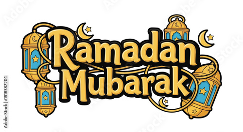 A vibrant graphic illustration wishing 'Ramadan Mubarak' with golden text, traditional lanterns, and crescent moon decorations, celebrating the holy month.