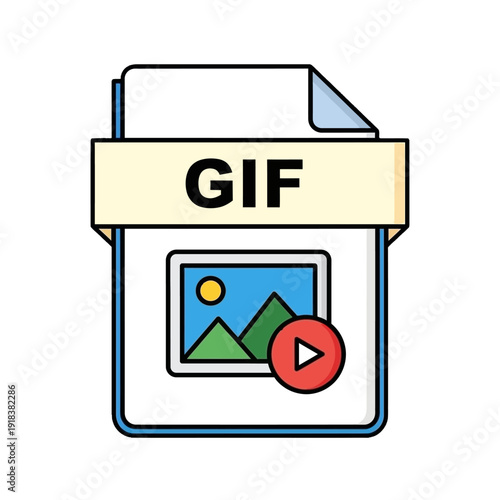 Dynamic GIF Folder Icon with Play Button Overlay, Illustrating a White File Folder, Beige Tab, Mountain Landscape, and Circular Red Play Button