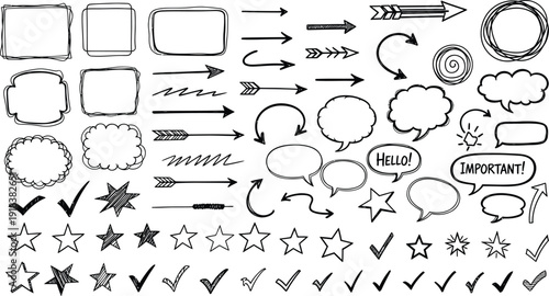A collection of hand drawn arrows shapes and symbols for creative projects
