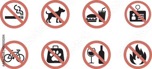 No smoking dogs food bicycle luggage wine fire signs