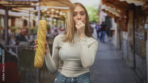 Wallpaper Mural Woman redhead holding a long baguette, right hand to chin while posing by a busy street cafe and sidewalk; curiosity. Torontodigital.ca