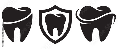 Dental health protection icons: tooth silhouette, shielded tooth, and swirled tooth