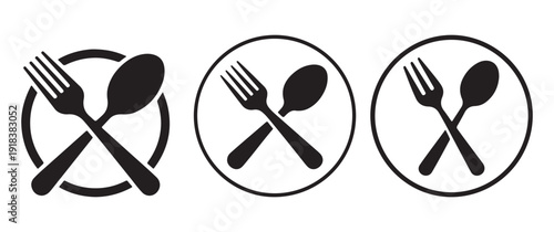 Fork and spoon icons crossed symbolize dining, food, and restaurant services