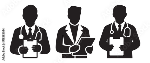 Doctor silhouettes with stethoscopes and clipboards represent medical professionals
