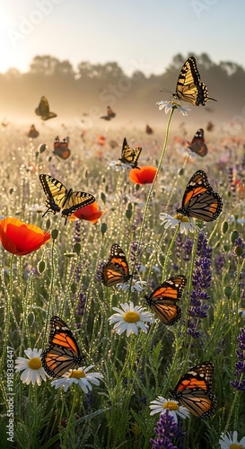 Butterflies and Poppies in a Misty Meadow at Sunrise.